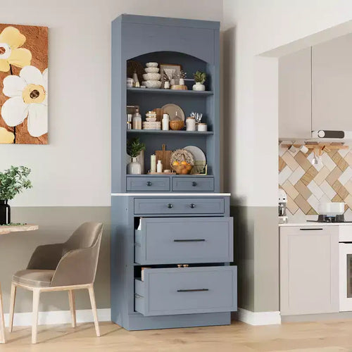 Garde-manger de cuisine de 83,7 H, Armoire de cuisine autonome avec plateau en faux marbre, Armoire avec 5 tiroirs et étagère réglable - ModernLuxe