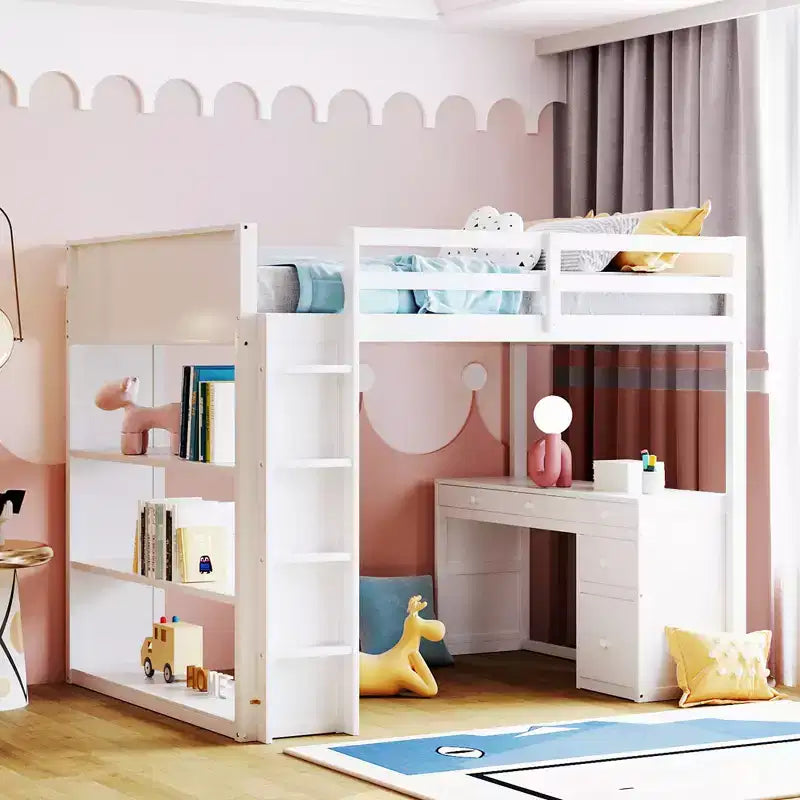 Lit mezzanine double/grand format avec échelle, étagères et bureau avec tiroirs - ModernLuxe