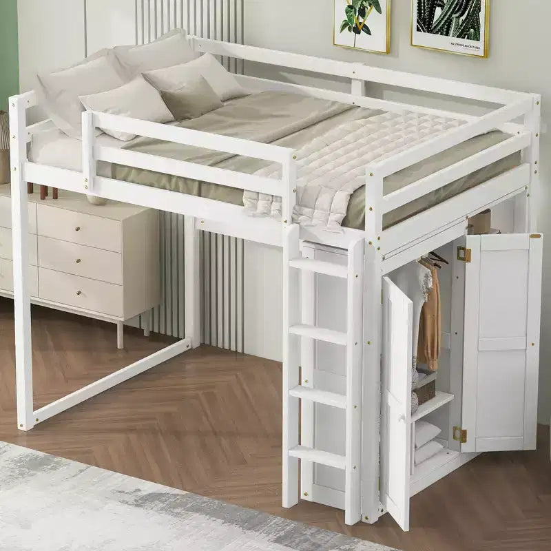Lit mezzanine Whisen 79,5''L 57,0''l en bois, taille double, avec armoire intégrée, étagères de rangement et lumière LED