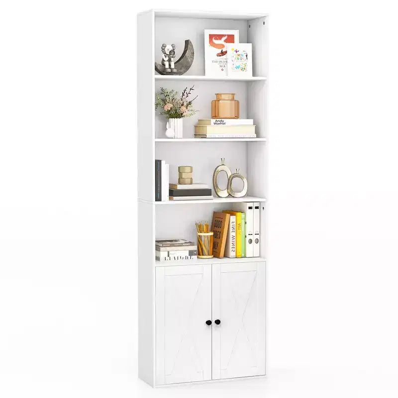 Costway Bibliothèque Ferme 71" avec Portes, 6 Étagères et Armoire 2 Portes pour Chambre Blanc/Noir