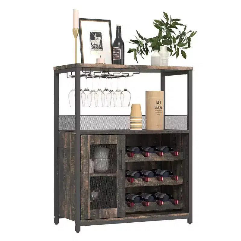 Meuble Bar à Vin Industriel Gris à 3 Niveaux (12+ Bouteilles) 91,4 cm H x 61 cm L x 38,1 cm P, Casier Détachable, 9 Supports à Verres et Étagères Réglables pour Maison/Bar