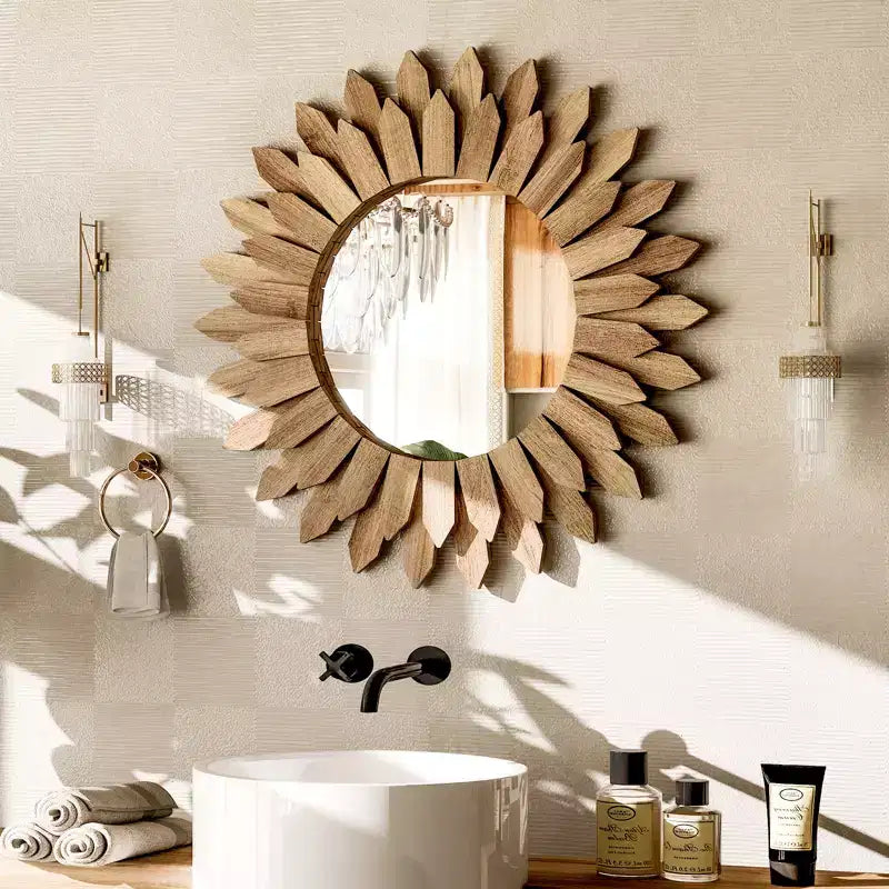 Miroir mural rond tournesol BEAUTYPEAK de 20 pouces, cadre en bois décoratif bohème, miroir mural de courtoisie ou de salle de bain pour le salon, l'entrée, la chambre à coucher