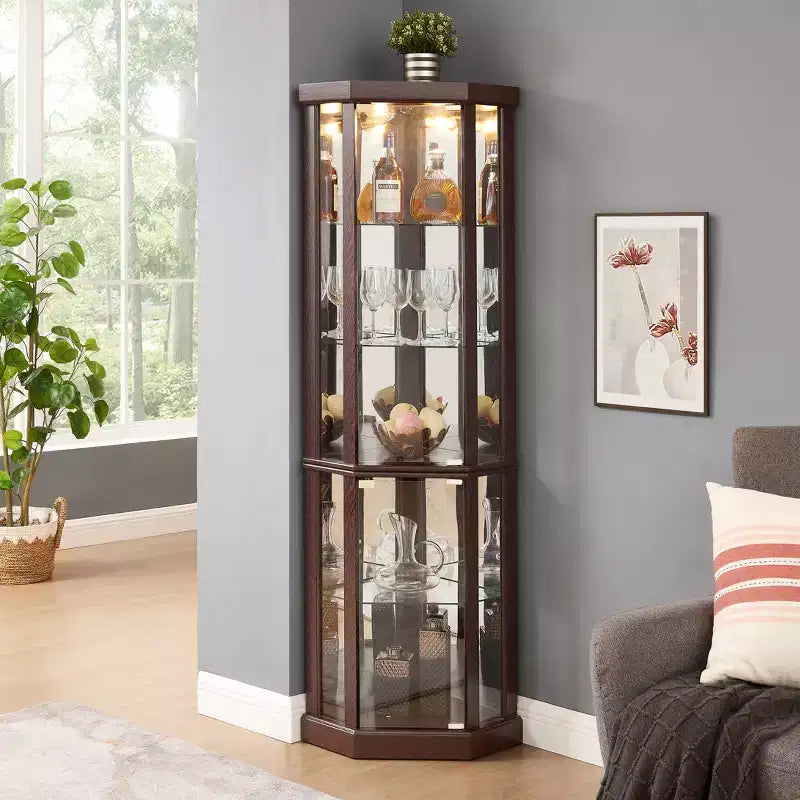Meuble d'angle Okak, Vitrine d'angle avec portes et étagères en verre, Vitrine d'exposition d'angle pour salon