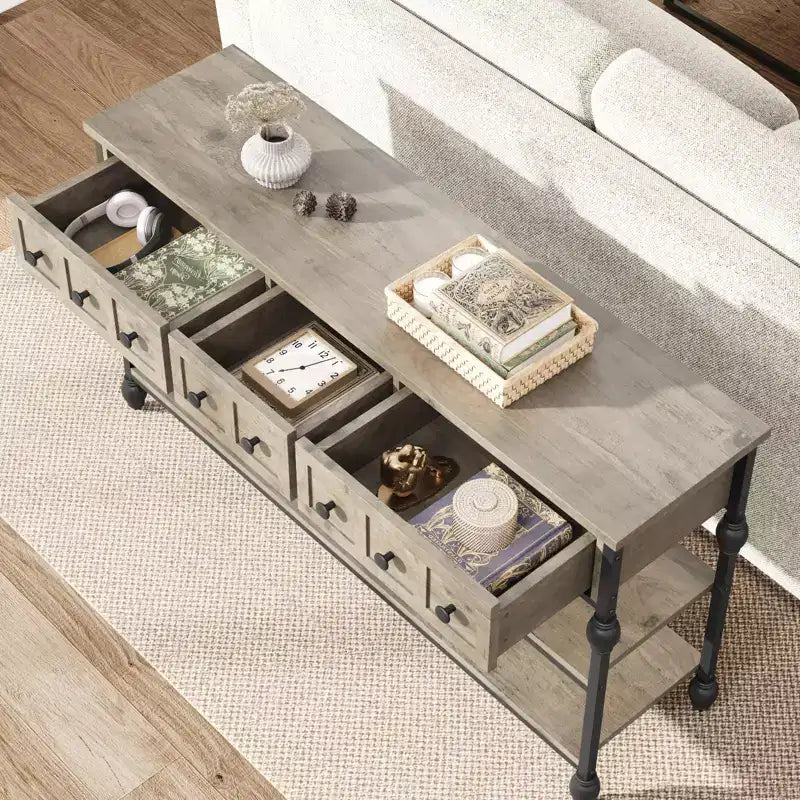 COZONY Table Console Industrielle de 132 cm avec 3 Tiroirs de Rangement et 3 Niveaux, Table de Canapé en Métal pour Salon, Couloir et Entrée, Rangement Derrière le Canapé