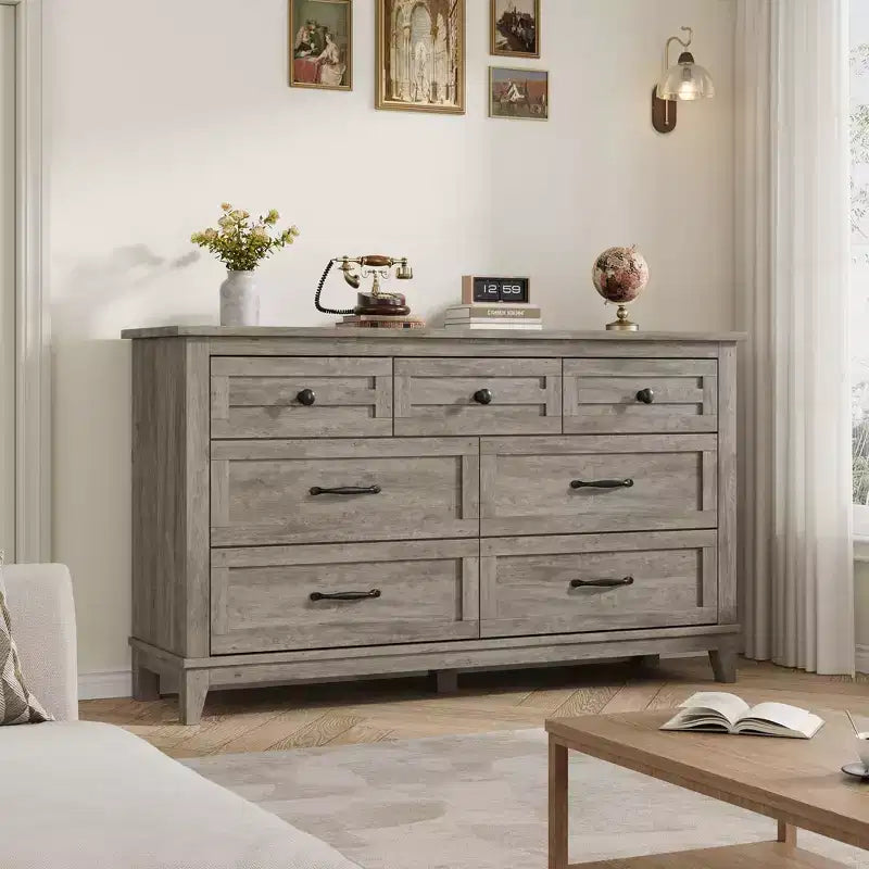 7 commodes de chambre, commode à tiroirs de 54 po de largeur avec rangement autoportant, commode de rangement en bois pour salon, chambre à coucher, entrée