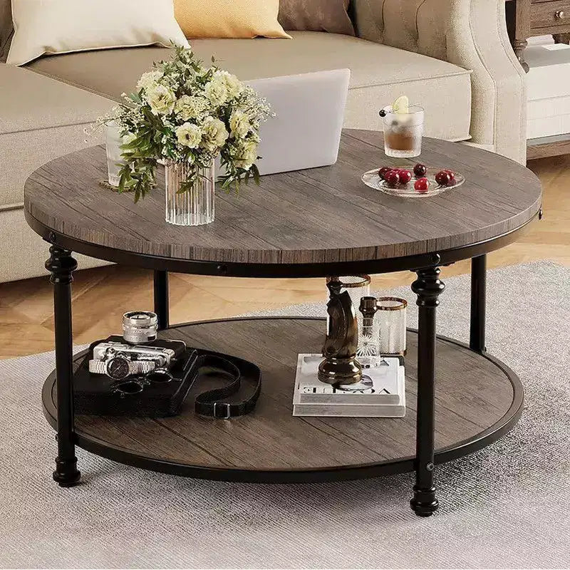Table basse ronde pour salon, table centrale rustique avec étagère de rangement, table basse circulaire en bois avec pieds en métal robustes