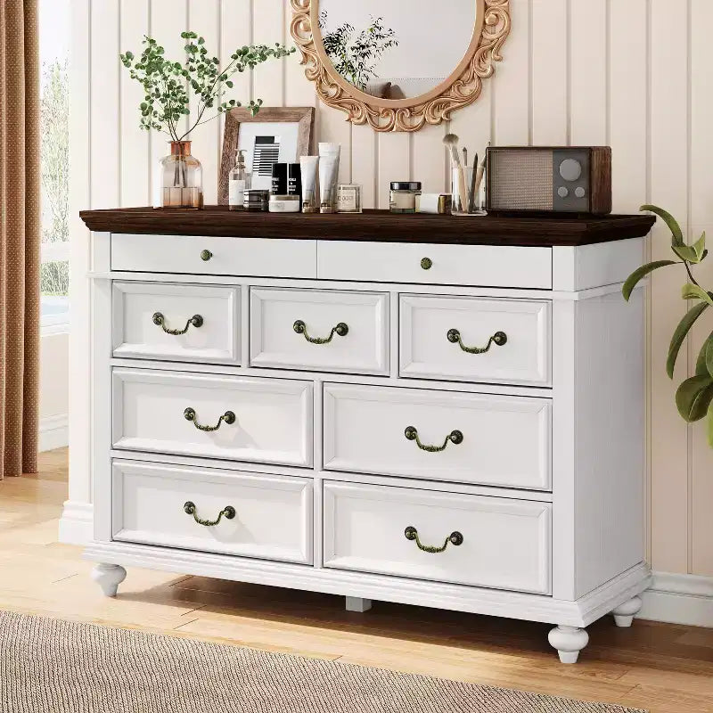 COZONY Commode de Ferme à 9 Tiroirs de 120 cm, Meuble de Rangement Rustique en Bois pour Chambre et Salon