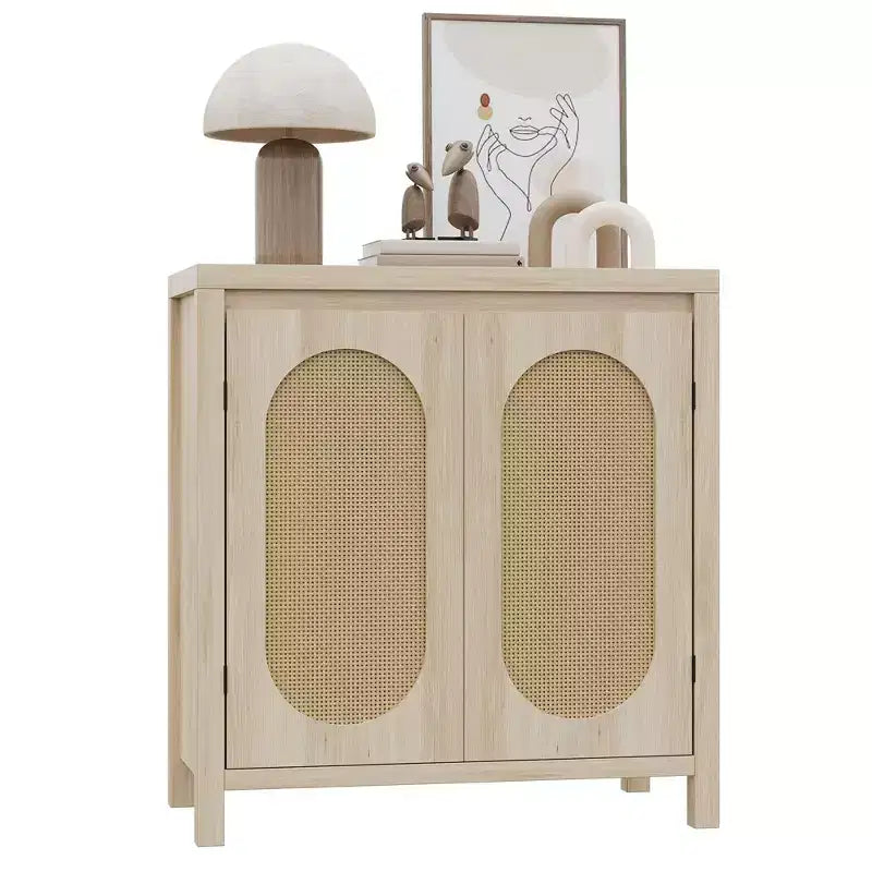 Bahut moderne - Meuble de rangement en rotin avec étagères et portes réglables, petite console de style bohème