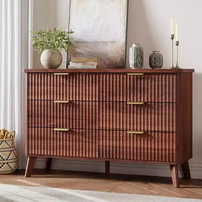 COZONY Commode cannelée à 6 tiroirs, commode moderne en bois au design incurvé pour chambre à coucher