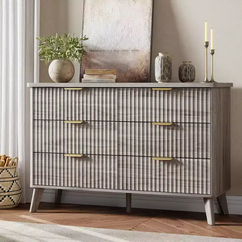COZONY Commode cannelée à 6 tiroirs, commode moderne en bois au design incurvé pour chambre à coucher