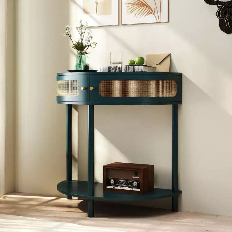 Table d'appoint semi-circulaire élégante Zeus & Ruta avec 2 armoires en rotin et étagère inférieure pour salon, chambre, couloir