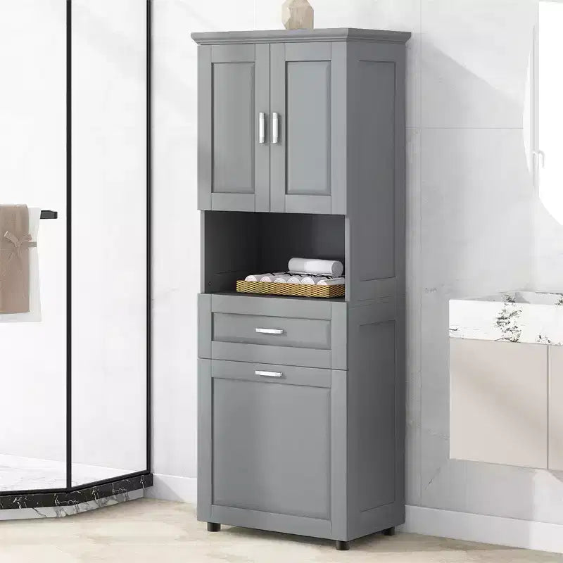 Meuble de salle de bain haut et étroit avec panier à linge, 2 portes et 1 tiroir, pour salle de bain, buanderie ou salon