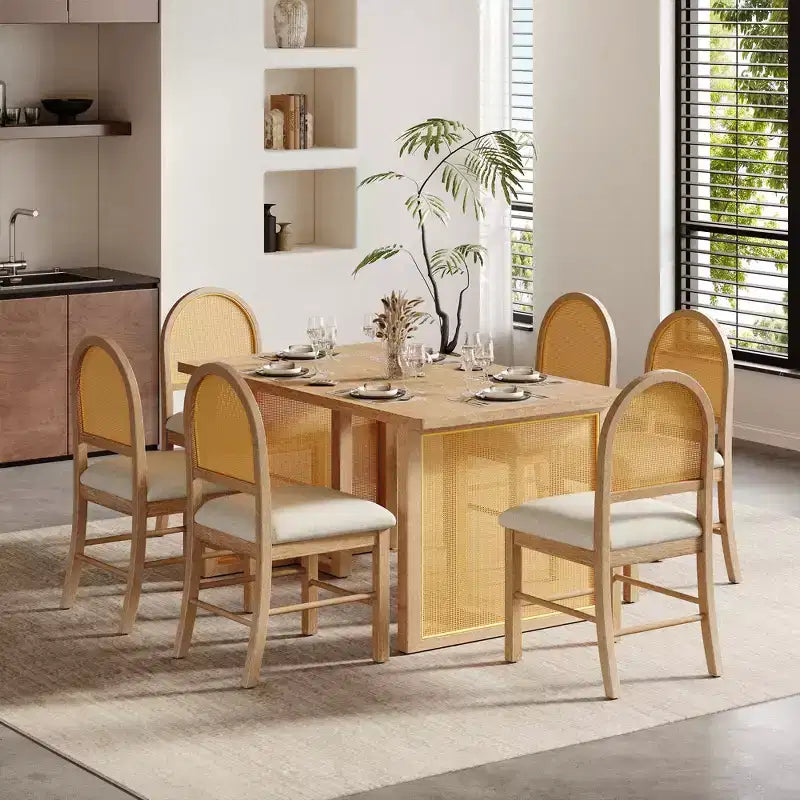 Ensemble de salle à manger GDFStudio Rose 7 pièces style ferme avec table à manger rectangulaire de 151,9 cm et chaises en rotin rembourrées