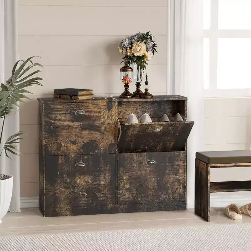 Okak Meuble à chaussures étroit mi-siècle avec 4 tiroirs basculants, meuble à chaussures autoportant pour foyer, entrées