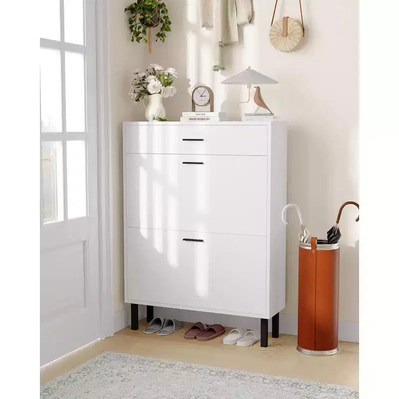 Meuble à chaussures à double abattant, Organisateur peu encombrant pour l'entrée, le couloir ou la buanderie, Armoire à chaussures dissimulée pour un rangement soigné et ordonné