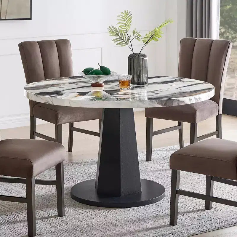 Table de salle à manger moderne Cavira de Roundhill Furniture en imitation marbre avec pied piédestal en bois