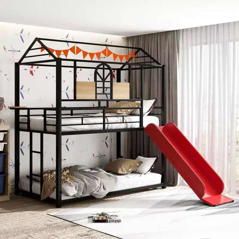 Lit superposé et cabane Whisen double sur double, cadre de lit en métal avec toboggan et barrière de sécurité