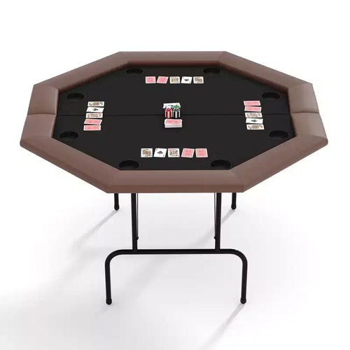 8-Player Octagon Poker Table  Foldable Brown Casino Table with Cup Holders for Texas Holdem & Blackjack (Professional Home Game Equipment)
