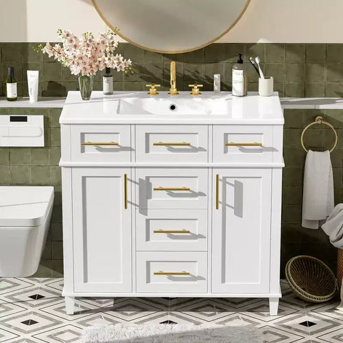 Meuble-lavabo de salle de bain blanc de 36 po avec tiroirs, armoire de rangement de salle de bain avec porte à fermeture douce et étagère réglable
