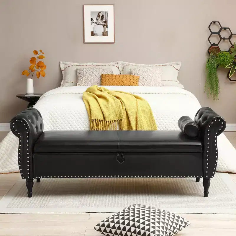 Banc de rangement en velours TUYOHW avec capitonnage à boutons et décorations cloutées, pouf de rangement avec pieds en bois et 1 oreiller, banc de rangement de bout de lit