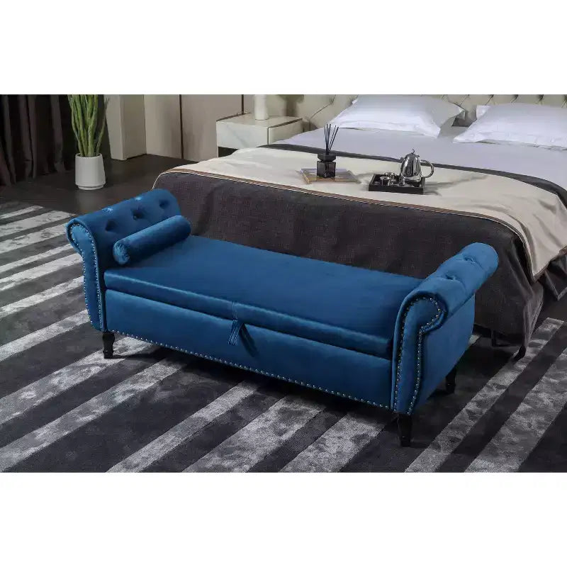 Banc de rangement en velours TUYOHW avec capitonnage à boutons et décorations cloutées, pouf de rangement avec pieds en bois et 1 oreiller, banc de rangement de bout de lit