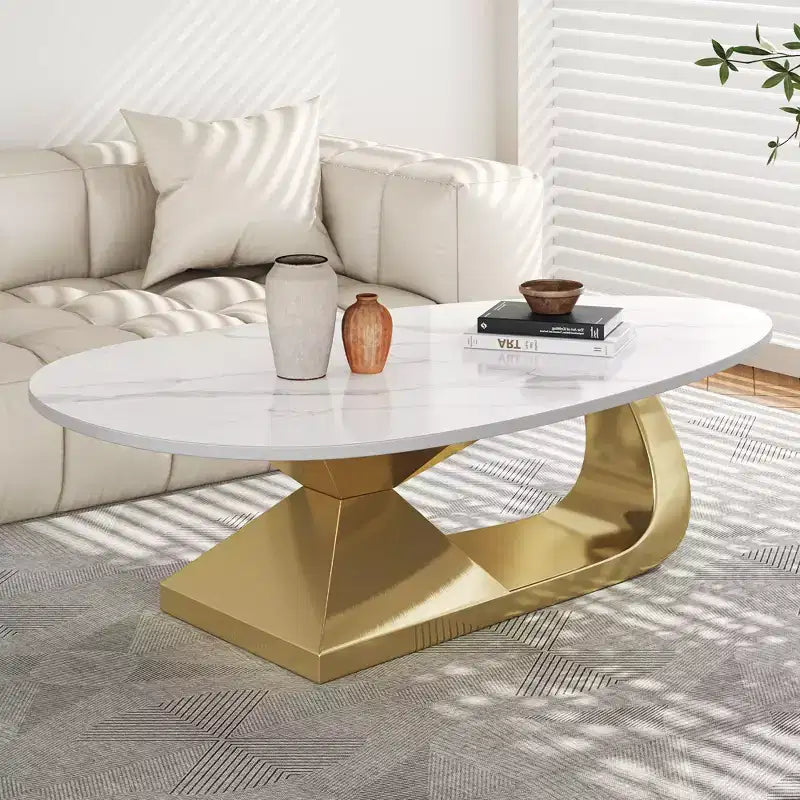 Table basse à plateau en céramique avec piètement contemporain en acier inoxydable - Une pièce maîtresse durable et élégante pour votre salon.