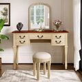 Vintage Makeup Vanity Dressing Table Vanity Desk with Curved Flower Frame Mirror, 5 Drawers & Matching Stool, Brown+Antique White - ModernLuxe