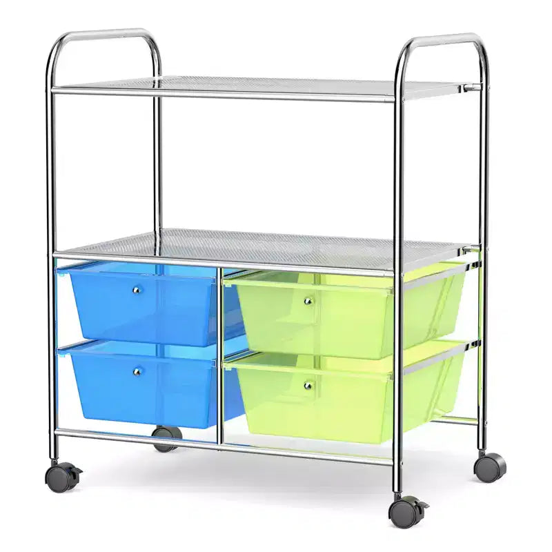 Chariot de rangement mobile Gymax à 4 tiroirs, support de papier pour scrapbooking, étagère organisatrice pour bureau et école, multicolore/rose vif