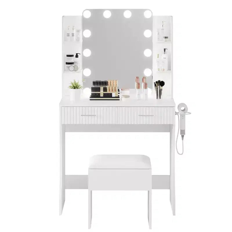 Coiffeuse avec miroir et 12 lumières LED, Table de maquillage moderne avec prise de courant, 2 tiroirs, support pour sèche-cheveux et tabouret, pour chambre à coucher