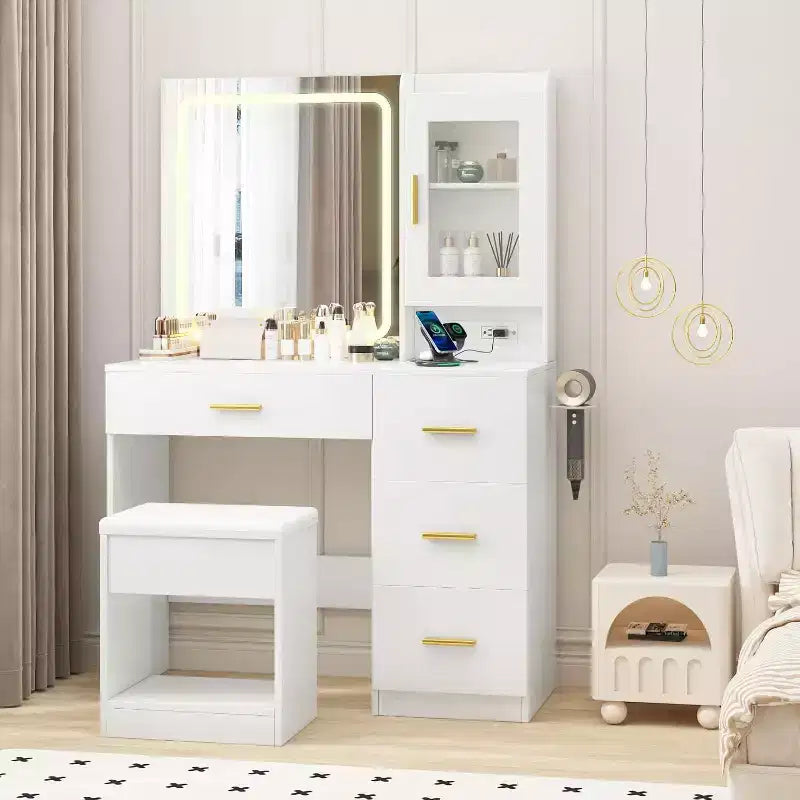 Coiffeuse avec miroir, Table de maquillage moderne, Tabouret de rangement, 4 tiroirs, Coiffeuses avec miroir de courtoisie