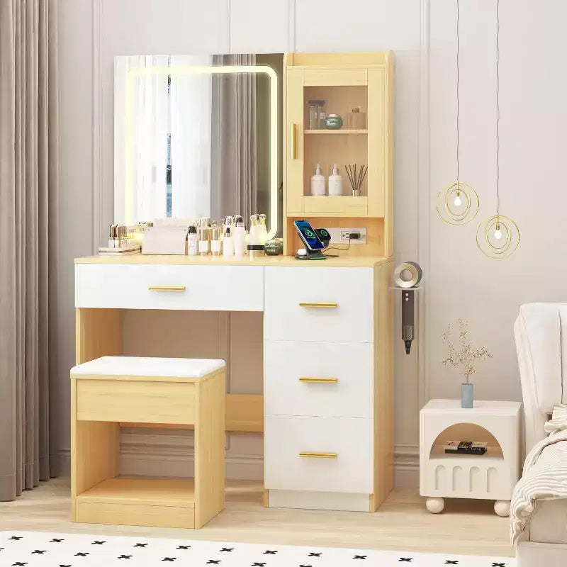 Coiffeuse avec miroir, Table de maquillage moderne, Tabouret de rangement, 4 tiroirs, Coiffeuses avec miroir de courtoisie