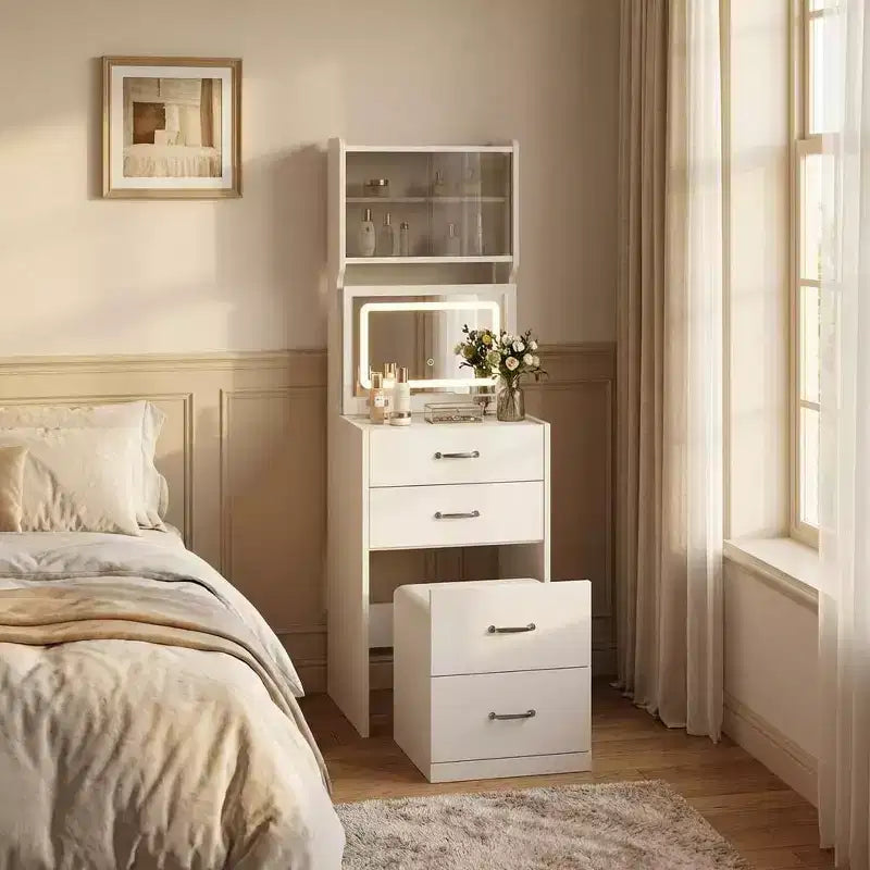 Coiffeuse compacte, Coiffeuse de maquillage avec miroir, Ensemble de coiffeuse, Petite coiffeuse et chaise de rangement pour filles