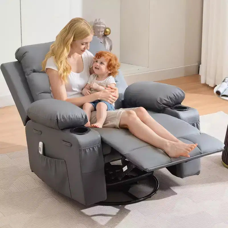 Fauteuil inclinable à bascule avec massage et chaleur, canapé pivotant en cuir PU avec porte-gobelet et poches pour salon, chambre et crèche