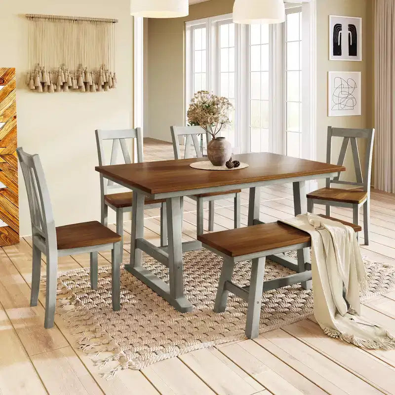 Ensemble de salle à manger Whisen 6 pièces en bois pour 6 personnes, table à manger rectangulaire et 4 chaises d'appoint, long banc