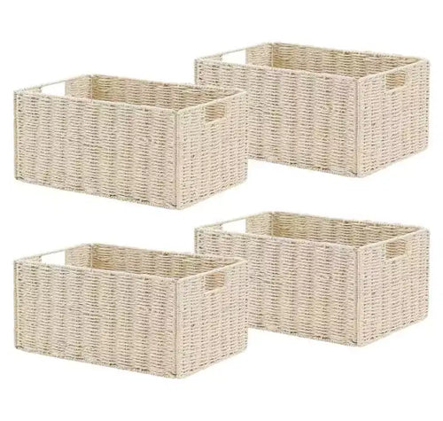 Lot de 4 paniers de rangement pliables, bacs de rangement tressés en corde de papier avec poignées pour étagères de maison, garde-manger, cuisine, salle de bain, salon