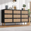 Natural Rattan 9 Drawer Dresser, Handwoven Rattan Storage Cabinet with Wide Top, Tall Wooden Chest of Drawers for Bedroom Living Room Hallway
