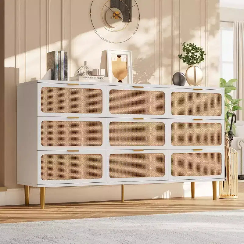 Commode en rotin naturel à 9 tiroirs, meuble de rangement en rotin tressé à la main avec plateau large, chiffonnier en bois haut pour chambre à coucher, salon, couloir