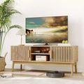 Boho TV Stand for Living Room, Entertainment Center for TVs Up to 50 Inch, Television Console Table with Storage Cabinet and Open Shelves, Natural