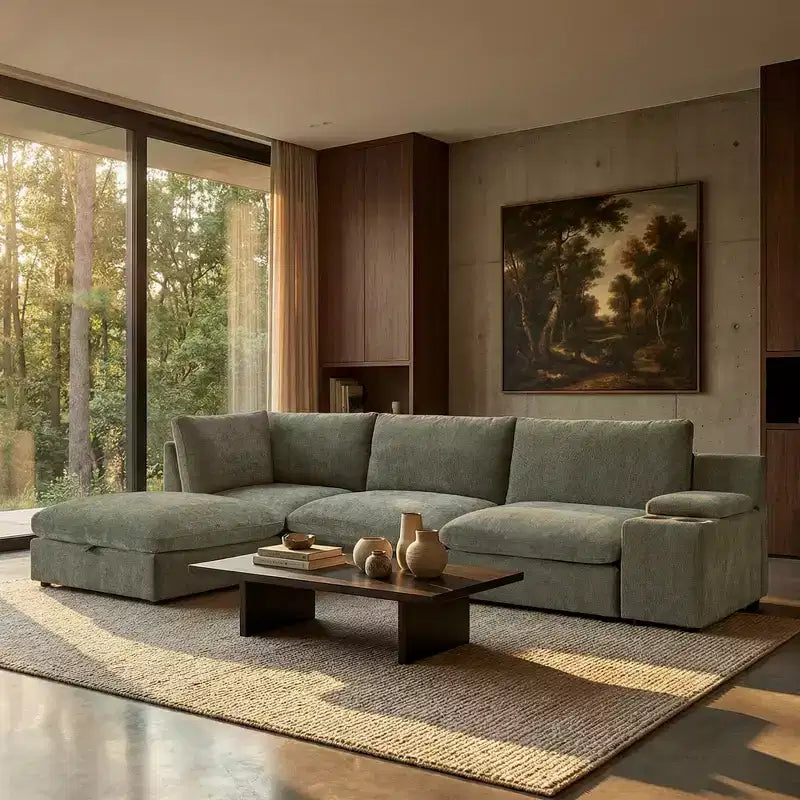 Canapé modulable Morden Fort 356 cm avec pouf de rangement, canapé en U avec assise profonde de 56 cm, canapé d'angle moderne en chenille pour salon