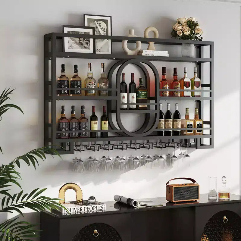 Bekrvio 39/47 Casier à vin mural, Étagères flottantes en métal avec porte-verres à vin, Étagère à liqueur industrielle pour bar à domicile, cuisine, salle à manger