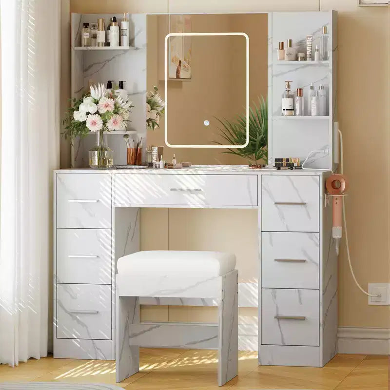 Coiffeuse GustoWave 43 avec miroir et lumière LED, 7 tiroirs, étagères, support pour sèche-cheveux, table de maquillage pour chambre à coucher