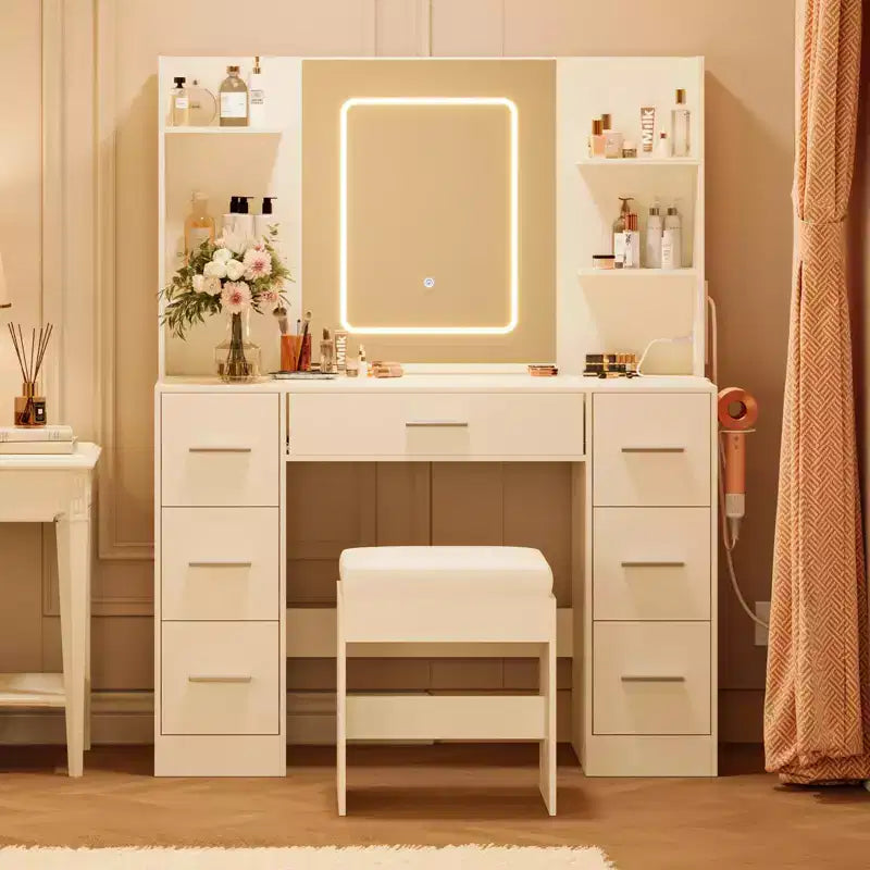 Coiffeuse GustoWave 43 avec miroir et lumière LED, 7 tiroirs, étagères, support pour sèche-cheveux, table de maquillage pour chambre à coucher