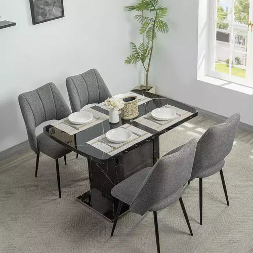 47.24-63Table à manger rectangulaire moderne, extensible, avec plateau en marbre blanc imprimé + pied de table avec rangement et base en métal