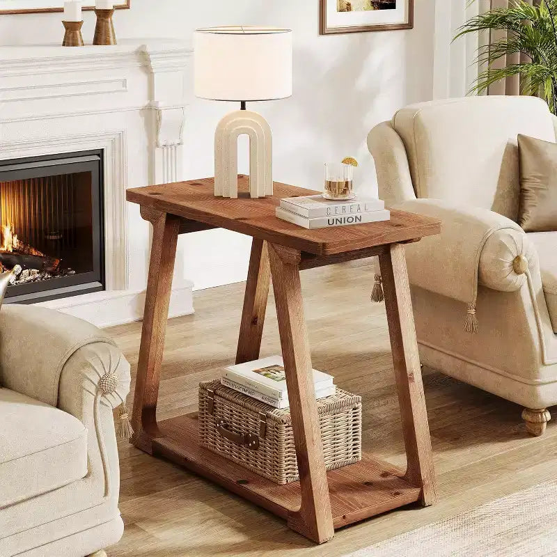 Table d'appoint à 2 niveaux en bois massif Lantine, table d'appoint étroite rectangulaire de style rustique avec base trapézoïdale pour salon, assemblage facile