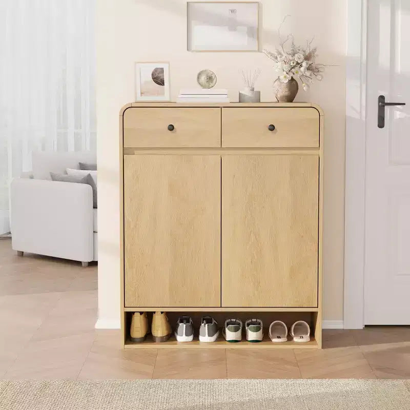 Meuble à chaussures moderne, Organisateur de chaussures en bois pour entrée avec 2 tiroirs et étagères réglables, Étagère à chaussures autoportante pour salon et chambre