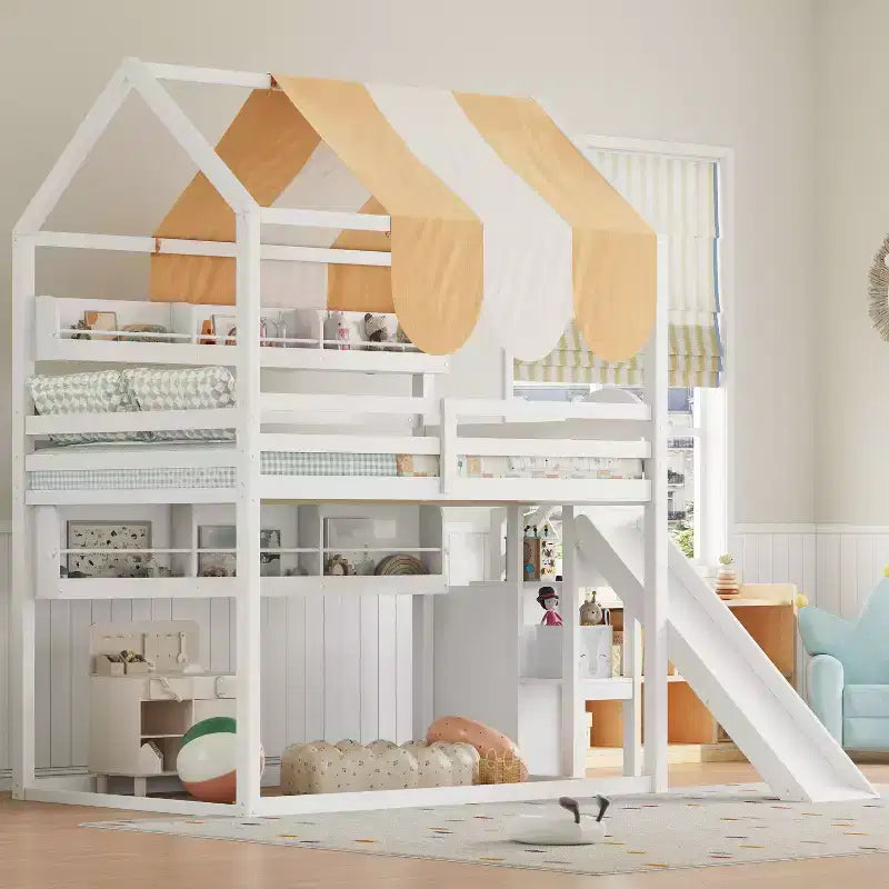 Lit cabane pleine grandeur avec baldaquin et toboggan pour enfants, lit mezzanine en bois avec étagères intégrées et escalier de rangement
