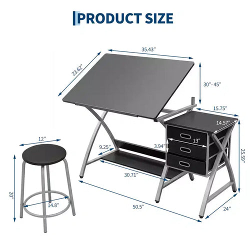 Table à Dessin Réglable avec Tabouret, Table à Dessin avec Plateau Inclinable et 3 Tiroirs de Rangement, Poste de Travail de Studio de Peinture, Bureau d'Art pour le Dessin Technique