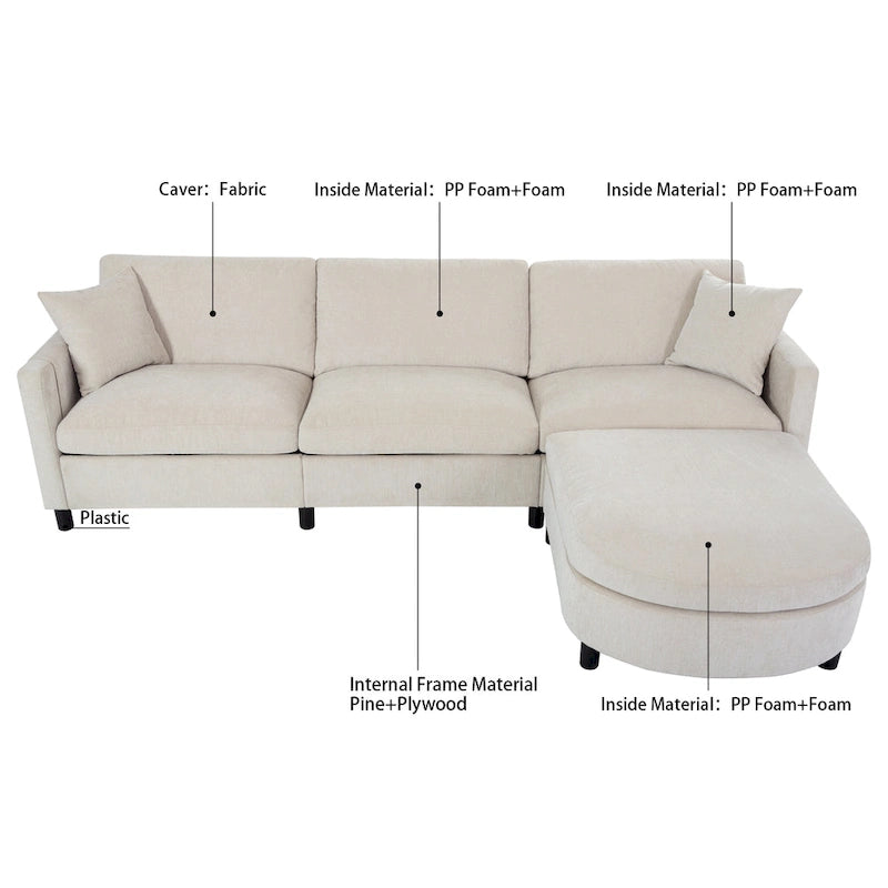 Canapé spacieux 4 places beige 107,87 avec pouf mobile