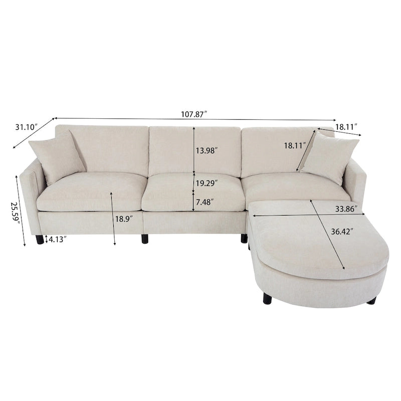 Canapé spacieux 4 places beige 107,87 avec pouf mobile