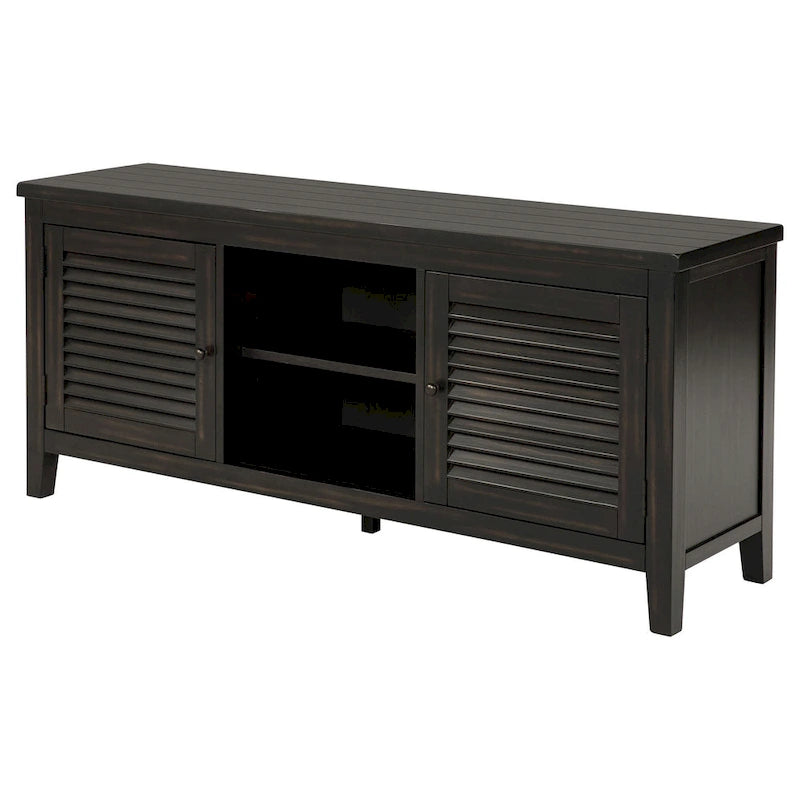 Meuble TV, 2 portes et étagères, bois noir 60 pouces